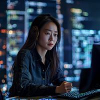 李娜，磁力网站首席技术官，坐在布满代码的显示器前专注思考，展现深厚的技术背景